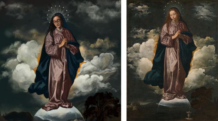 Two images side by side: On the left a digital painting of an Asian woman with glasses, wearing robes and crown of twelve stars, standing on a moon among clouds; on the right, the painting from which it was copied. 