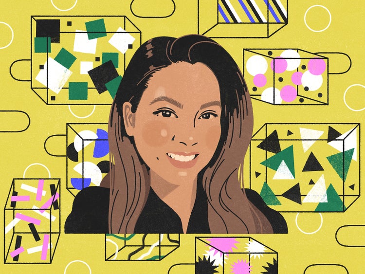 A digital illustration of a brown-skinned woman with long dark hair, with one side swept behind her ear, wearing a black v-neck top. The background is chartreuse and on it are seven randomly sized outlines of cubes with shapes (squares, lines, circles, triangles, sunbursts, semicircles, rectangles) inside them. them
