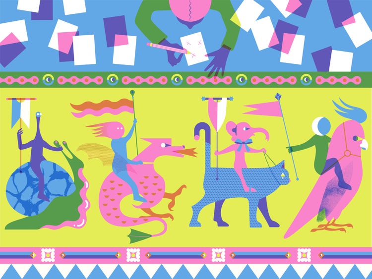 A two-panel digital illustration. In the top panel against a blue background is a from-the-top view of a seated purple person with pink hair, wearing a long-sleeve green shirt. They're writing Xs on a sheet of paper with a pencil and additional pages are strewn around them. In the second panel is a parade of animals on a chartreuse background (from left to right, a green pink and blue snail, a pink dragon with a green tail, a blue and purple cat, and a pink parrot with a blue crest) is being ridden by mythical characters carrying flags.