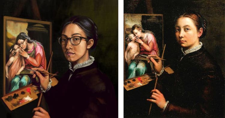 Two images side by side: On the left a digital painting of  an Asian woman with glasses depicted as all three characters in a copy of "Self Portrait": the artist herself, and the mother and child in the canvas in front of her; on the right, the painting from which it was copied. 