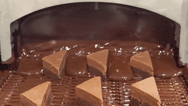 A GIF of flowing chocolate enveloping the candy on a conveyer belt, then continuing to flow over a vertical drop.

