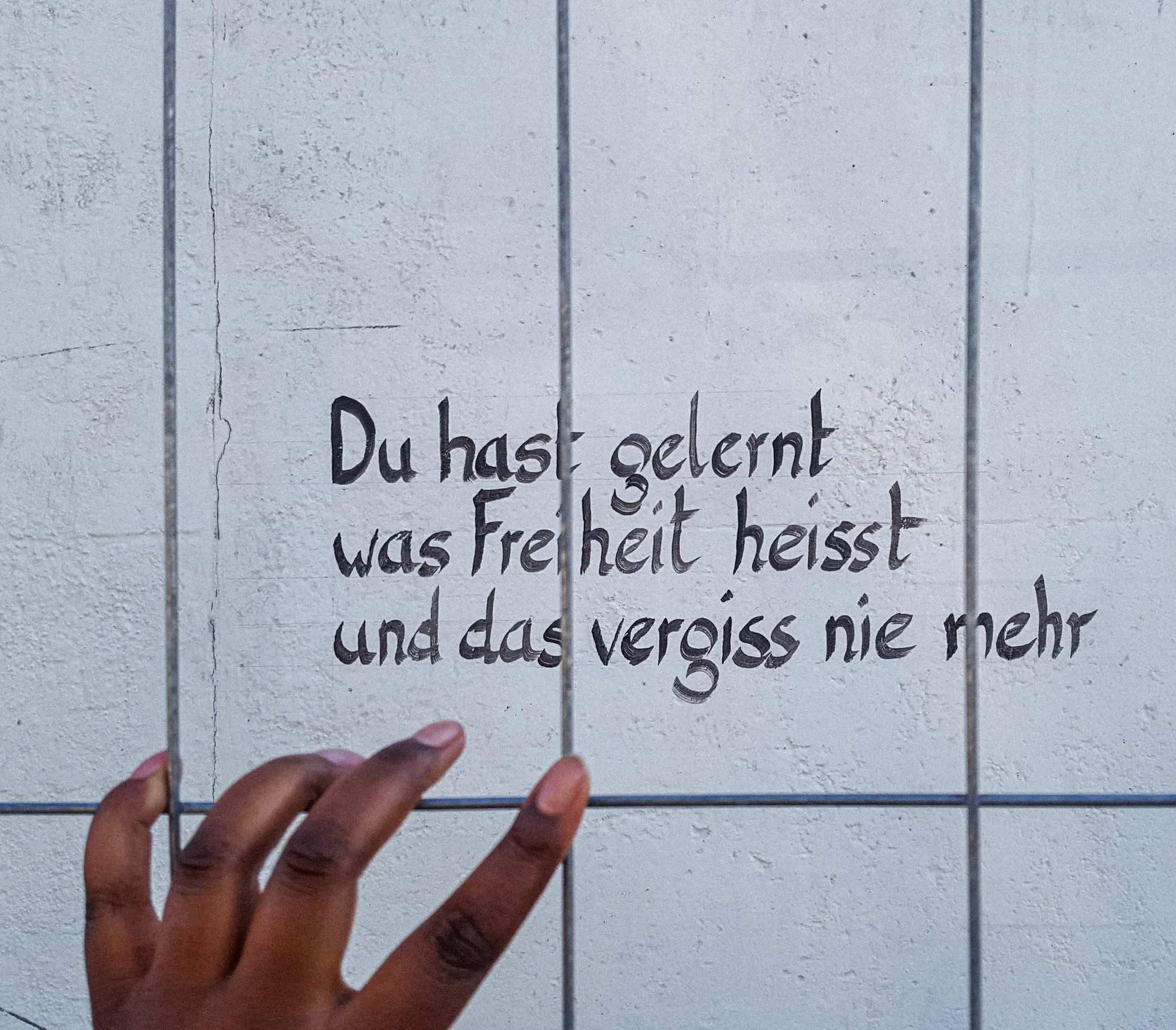 A photograph of a black woman's hand touching the fence enclosure of a concrete wall with the words "Du hast gelrnt was Freiheit heisst und das vergiss nie mehr."