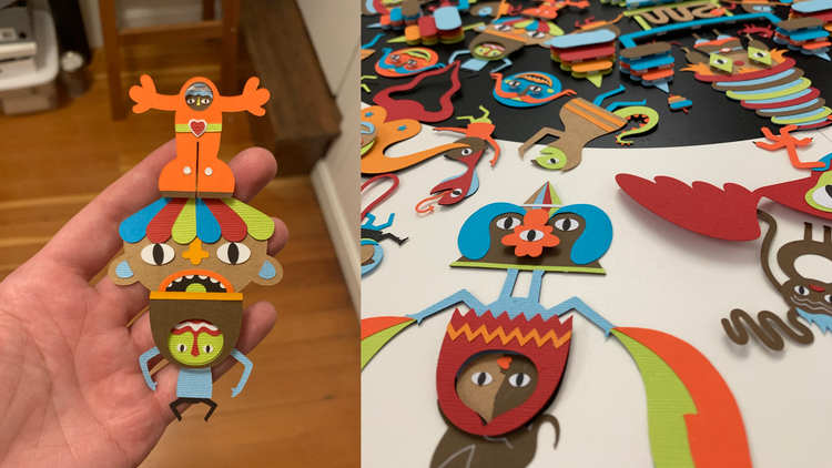 Two photographs: On the left is a hand holding a complex paper cutout of three stacked mythical characters, and on the right are more paper cutouts of mythical characters laid out on a table.