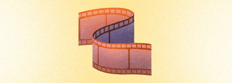 An illustration of a single strip of film on a textured soft yellow background. Curled into an S-shape, the strip of film has perforated edges and and orange-to-purple gradient.