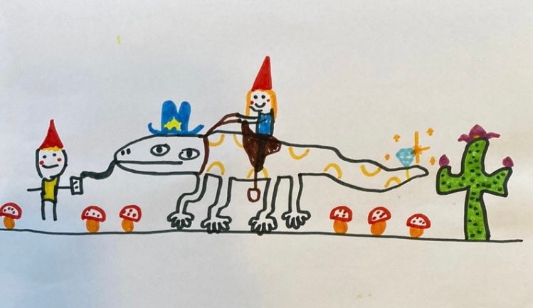 A children's drawing of a princess riding a giant lizard, as it's drinking from a cup held by a boy, in a garden of cactus and mushrooms.