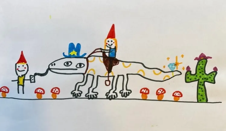 A children's drawing of a princess riding a giant lizard, as it's drinking from a cup held by a boy, in a garden of cactus and mushrooms. 