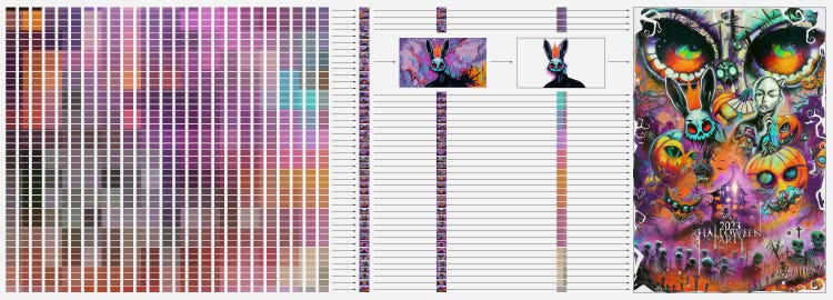 A screenshot divided into three columns. On the left is tiny thumbnail images of over 100 AI-generated illustrations. In the center is a single AI-generated illustration (of a fiendish rabbit) with a colorful background and next to that is the same rabbit with the background removed. On the right is the completed Halloween poster comprised of 44 AI-generated illustrations.