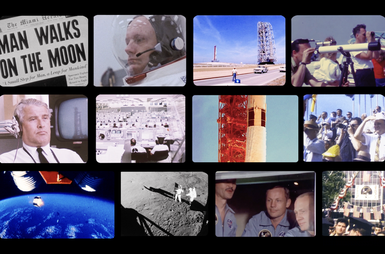 A grid (four across and three down) of film screens containing archival images from 1969 that include astronauts, the launch pad, a newspaper headline shouting "MAN WALKS ON THE MOON," and shots from space.