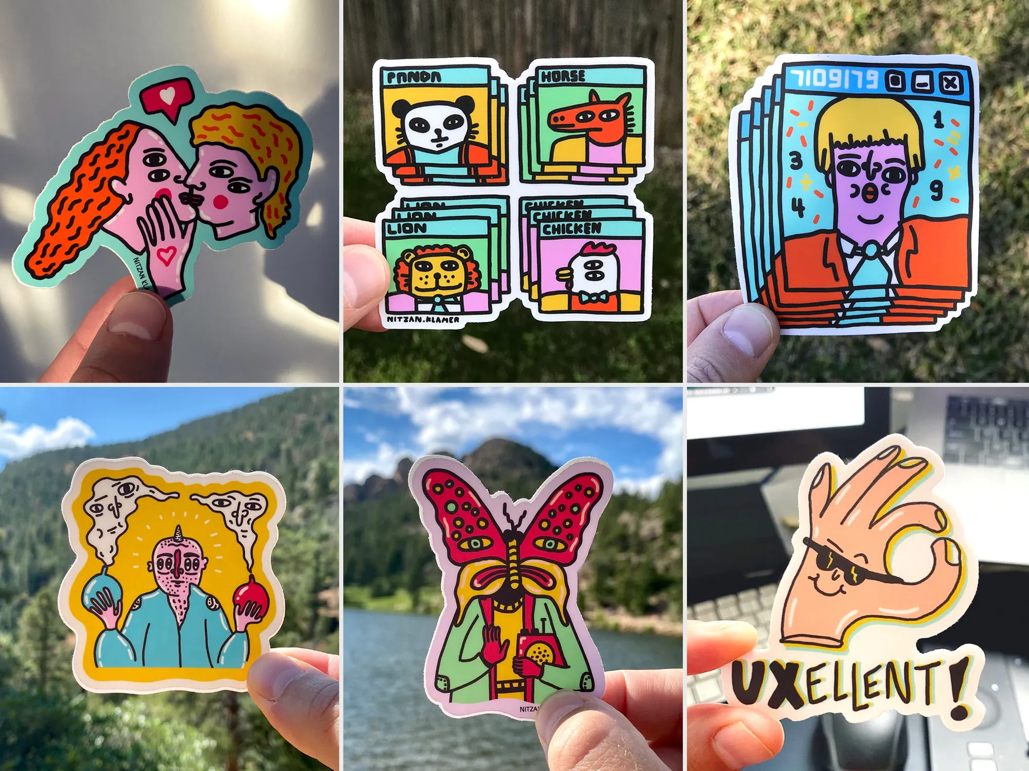 A six-frame photographic composite of sticker art. Clockwise from top left: 1. two people kissing 2. panda, horse, chicken, lion 3. a person in a tie and blazer 4. a hand giving the OK sign and the caption UXellent! 5. a person with a butterfly head 6. a person with four eyes and holding a balloon in each hand.
