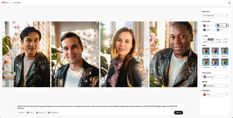 A screenshot of Adobe Firefly with four AI-genrated portraits of (from left to right): an Asian man, a white man, a white woman, and a Black man. All of them are wearing white T-shirts and black leather jackets.