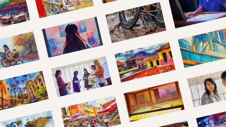 Three rows of four images on the diagonal all in a similar oil paint stle. Top row from left to right: a woman riding a bicycle with a child on the back, the back of a woman's head facing a computer screen, a muddy bicycle tire in a puddle, a woman seated at a computer using a mouse. Middle row from left to right: a tree-filled courtyard surrounded by buildings, five women standing in front of a painting on an easel, a cluster of houses, a modern office building. Bottom row from left to right: a world map, an open air street market, an Asian inspired interior, two women facing each other.