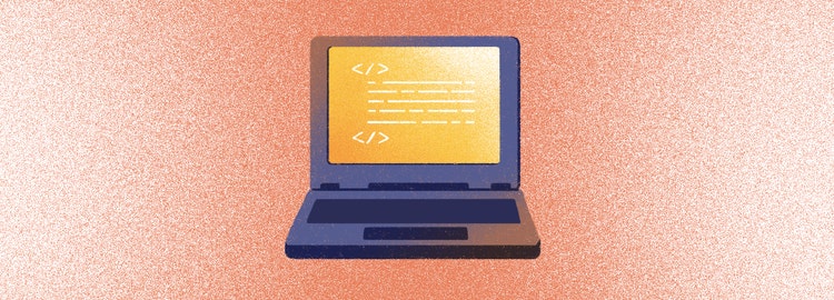 A stylized illustration of an open laptop in shades of dark blue and gray on a textured orange background. The laptop screen is glowing yellow with lines of programming code in white.
