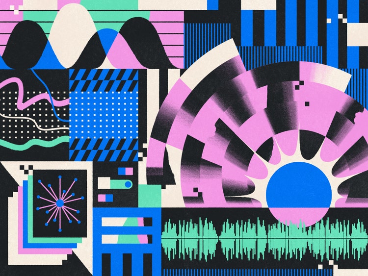 A digital illustration consisting of multiple representations of sound patterns (clockwise from top left: waves, vertical bars, radar, audio timeline, volume control, rays, and charted lines), in vibrant pink, green, blue, and black on an ivory background.