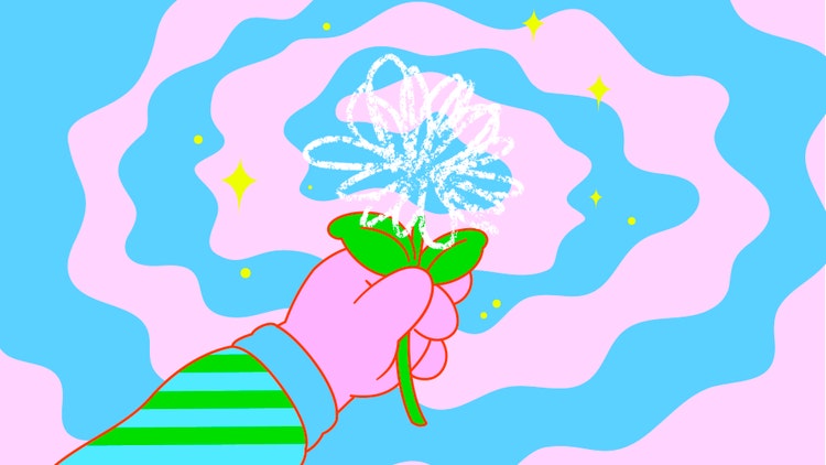 A cartoon-style digital illustration on a background of concentric waves of blue and pink with yellow diamonds. A hand, with an arm covered in a long-sleeve green and teal striped shirt, reaches in from the bottom edge of the illustration, to grab a stylized white flower with vibrant green leaves.