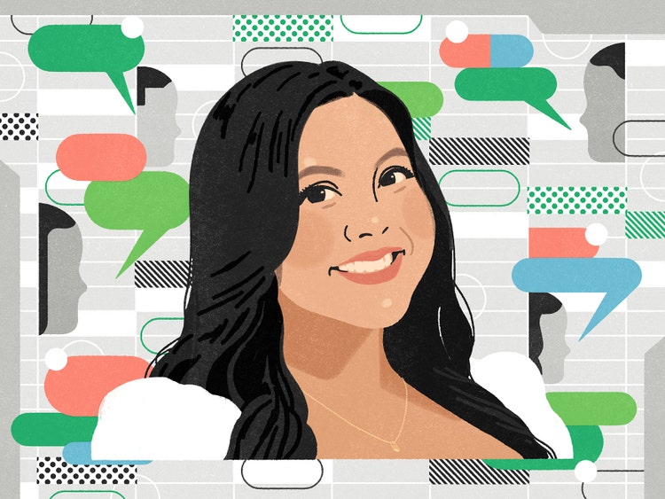 A digital illustration of an Asian woman with long dark hair and wearing a white blouse. She's centered on a grey and white (spreadsheet-like) background, with randomly placed, grey-and-black stylized profiles of people, alongside speech bubbles in shades of green, peach, and blue.