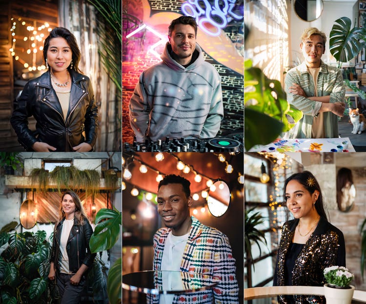 Two rows of three AI-generated portraits. Top row left to right: an Asian woman wearing a white T-shirt and a leather jacket; a white man wearing a gray hoodie with asymmetrical black stripes; and an Asian man with blond hair wearing an open button-down shirt over a T-shirt. Bottom row left to right: a white woman wearing a white T-shirt and a leather jacket; a Black man wearing a plaid blazer over a white T-shirt; and a Latina woman wearing a sequined-blazer of a back T-shirt.