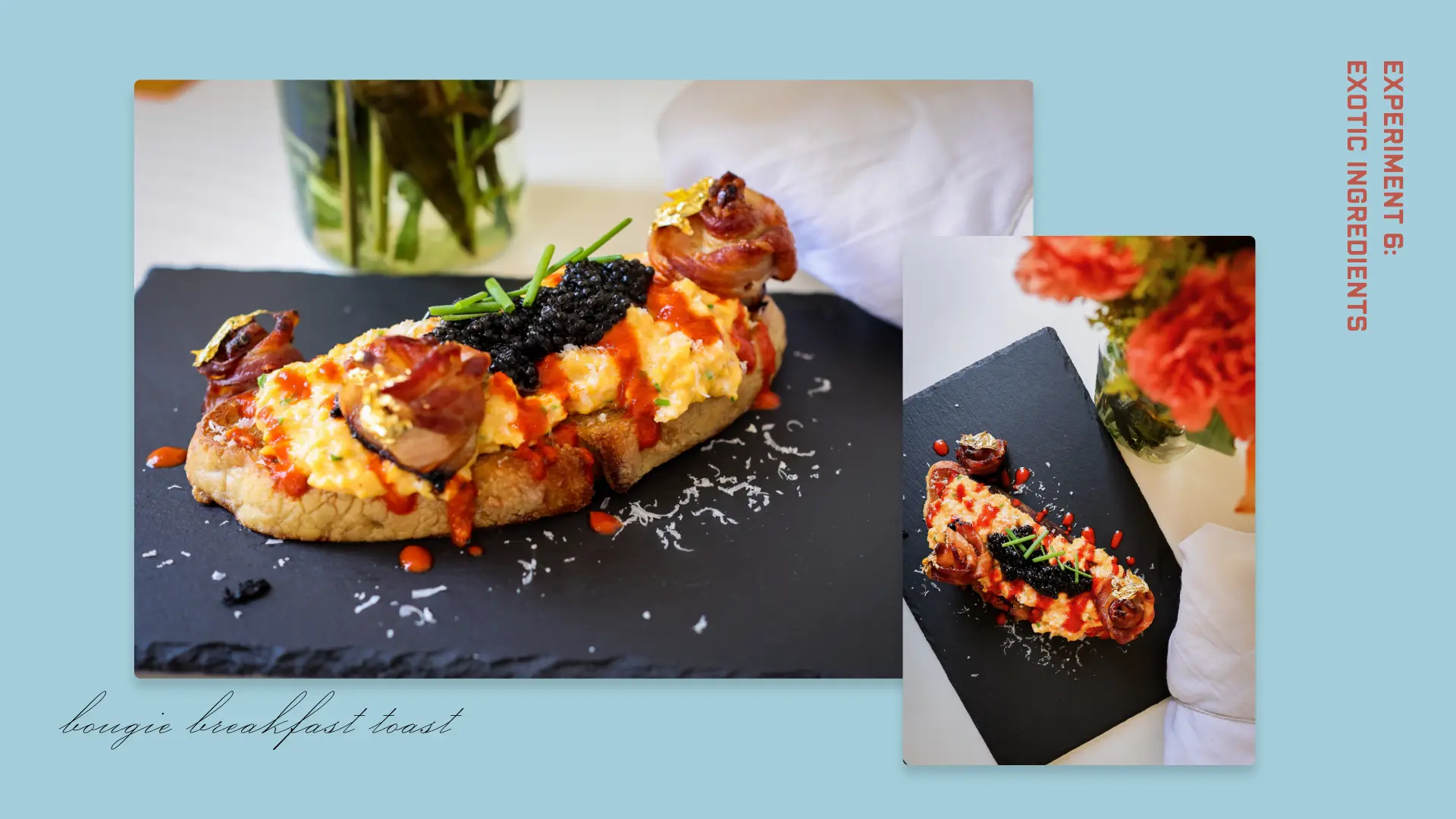 Two photographs of  plates of food on a light blue background. On the left, a side view of slice of sourdough toast topped with eggs, bacon rosettes, hot sauce and caviar on a black platter and on the right a top view of the same breakfast toast.