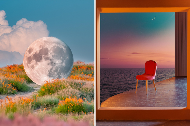 Two AI-generated images that explore earth and space. On the left, a white earth rests in a field of poppies and on the right a red chair is placed on a deck at the edge of an expanse of ocean extending into the horizon.