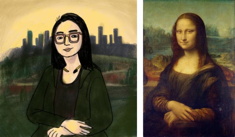 Two images side by side: On the left, a cartoon style illustration of a seated Asian woman with glasses facing forward with a slight smile and arms crossed at the wrists; on the right, the painting from which it was copied.