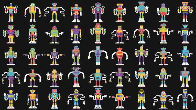 A digital illustrationn, five rows and nine columns wide, of various types of robots against a black background.