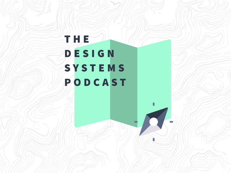 A green accordion folded rectangle stands against a white background with light gray topographical lines. Overlaid on the green rectangle are the words The Design Systems Podcast.