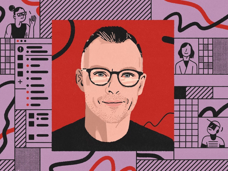 An illustration of a white man with short dark hair wearing black-frame glasses and a black T-shirt in a brick red square. The square is on a purple background divided by black lines into a random grid. The sections of the grid contain various simple line drawings in black, of people, abstract to-do lists, and basic patterns (diagonally-drawn straight lines, checker board pattern, and wavy lines).