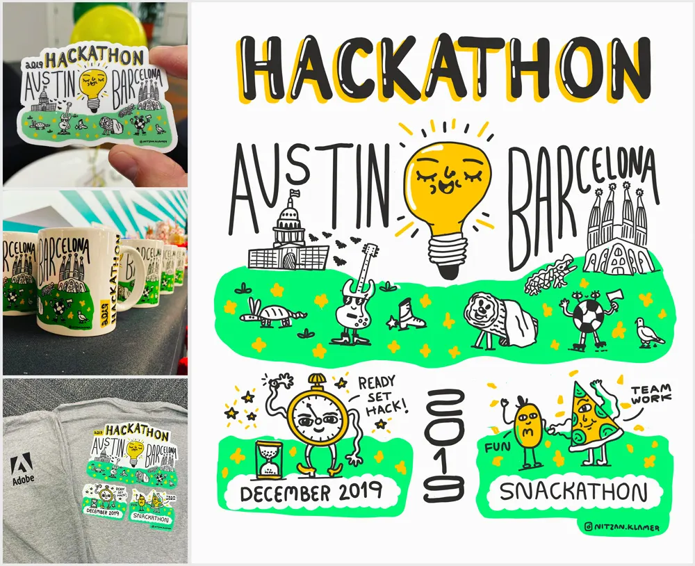An illustration composed of multiple quick sketches and the words Hackathon Snackathon Austin Barcelona December 2019 alongside three stacked photographs of the art on a sticker, a coffee mug, and a T-shirt.