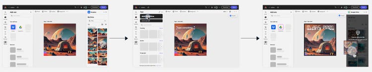A multi-panel image showing the process of uploading AI-generated illustrations from a cloud storage service (Dropbox) to Adobe Express using a new feature called add-ons.