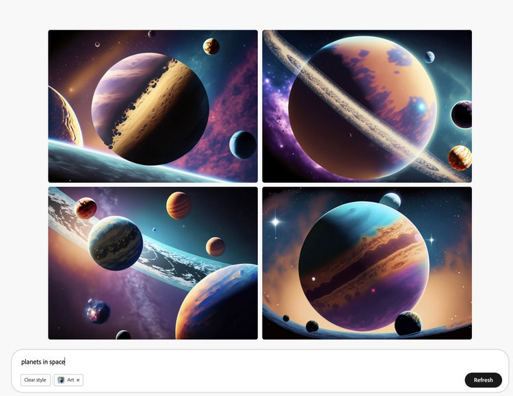 A screenshot of Adobe Firefly with four AI-generated illustrations for the solar system with a close-up of one planet.
