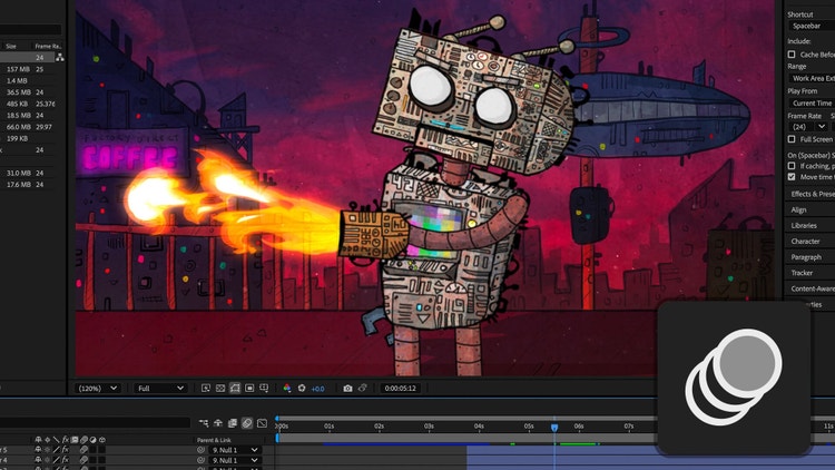 The interface for Adobe After Effects that includes various panels for layers, effects, timelines and the tool icon for Motion Blur. The main focus is an animated robot character with a square head and large round eyes, shooting flames from its arm. The background features a futuristic cityscape with buildings and neon signs, including one that says "COFFEE."