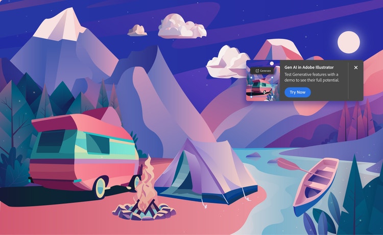 A digital illustration of a campsite nestled among mountains alongside a river. The pastel hues of the illustration mimic those from purple/pink sky at dusk. The campsite is complete with a trailer, a tent, a roaring fire, and a canoe floatin in the nearby river. A superimposed tooltip reads "Gen Ai in Adobe Illustrator. Test Generative features with a demo to see their full potential." alongside a button that reads "Try Now."