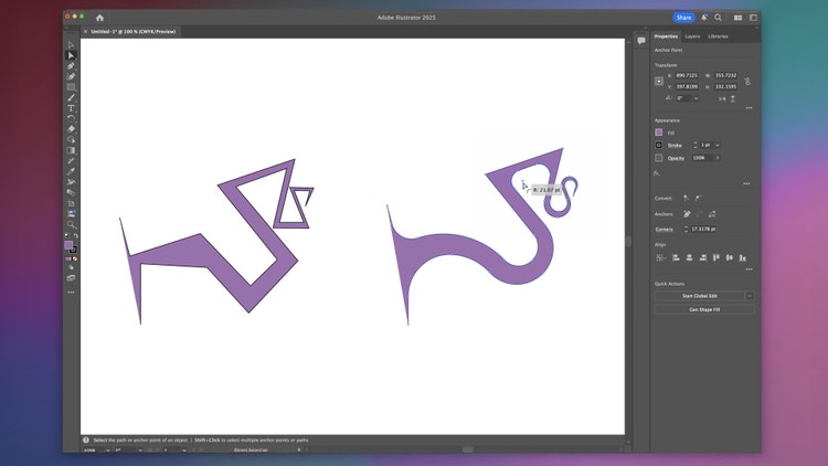 A screenshot of the Adobe Illustrator interface with two abstract, purple shapes on the artboard. The left shape resembles a zigzag line with a triangle and rectangle intersecting it, while the right shape is more fluid with a loop and an arrow-like end. The interface displays various tools and options on the sides, including layers, properties, and alignment settings.