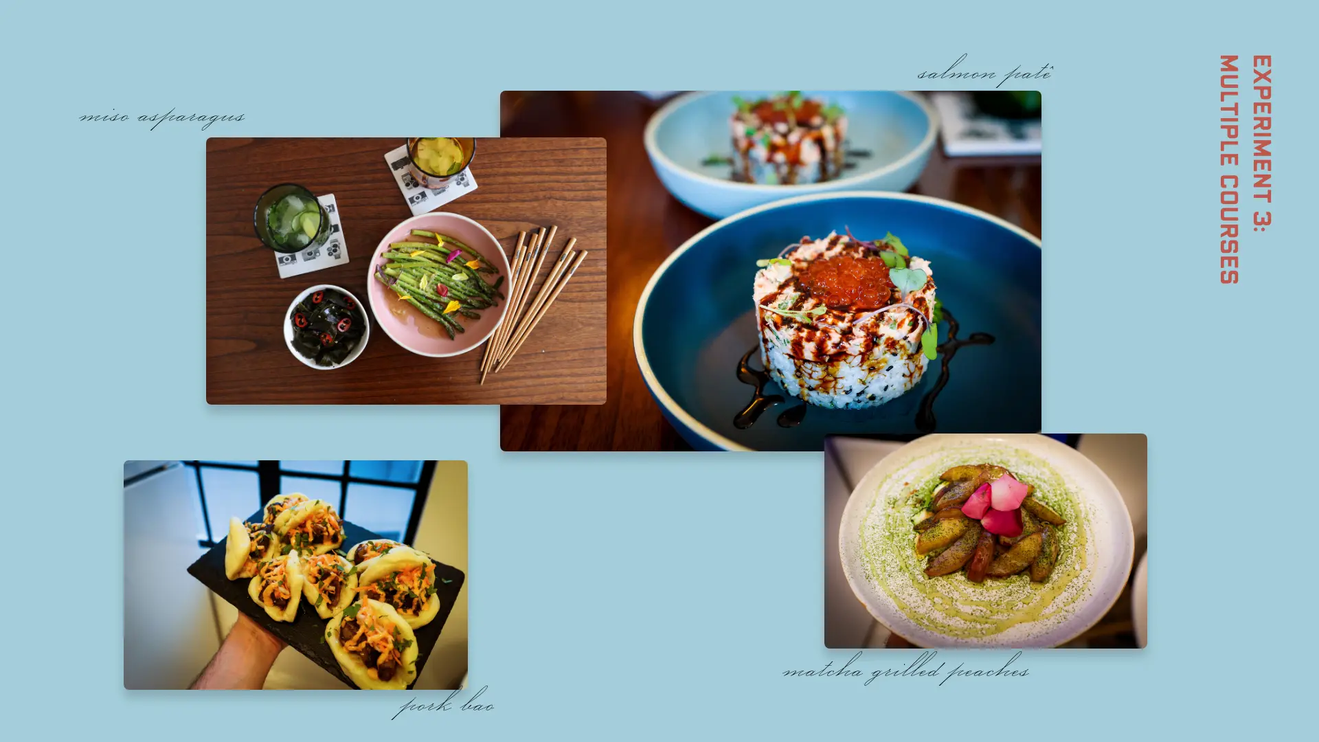 Four photographs of food on a light blue background. Clockwise from left: miso asparagus in a pink bowl, salmon pate over sushi rice in a blue bowl, grilled peaches on an earthenware plate, and bao buns on a black platter.