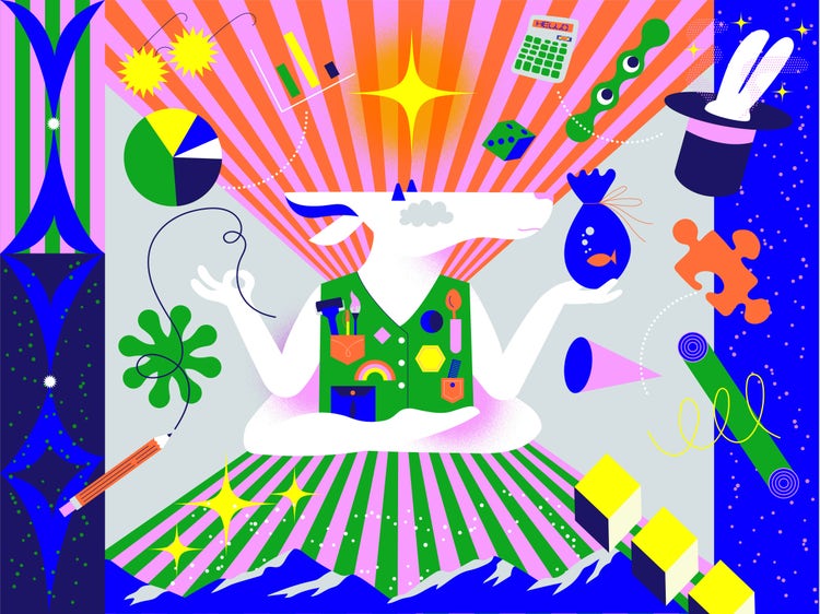 A colorful illustration of a goat in a cross-legged yoga pose, wearing a green vest with various pockets and tools sticking in them. It's right hand is holding a goldfish in a bag and its left hand is making the OK gesture. Rays of orange and pink are above and behind the goat, with various objects (sunglasses, charts, calculator, dice) and a yellow four-pointed star above it. Below the goat are downward-facing rays of pink and green scattered with white dots and three, yellow and black cubes in a row on the right.