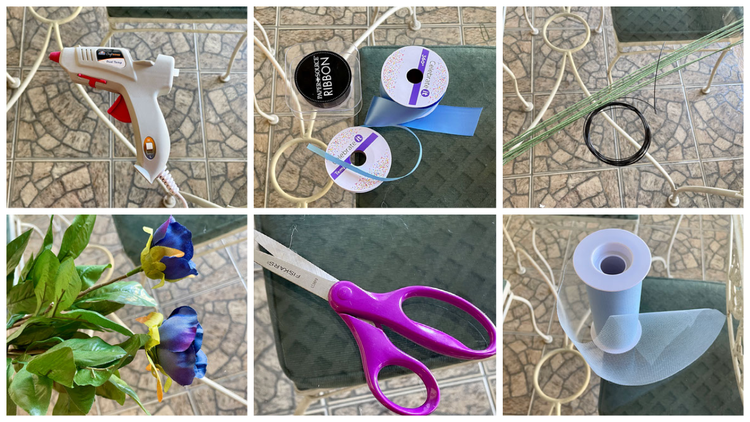 Two horizontal rows of three photographs showing an assortment of crafting supplies: Top row left to right: hot glue gun, spools of ribbon, crafting wire and rubberbands. Bottom row left to right: silk flowers, scissors, a spool of taffeta.