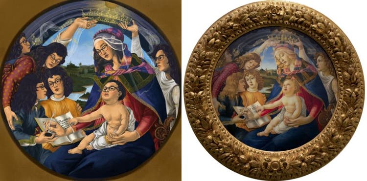 Two images side by side: On the left a digital painting of an Asian woman with glasses depicted as all seven characters in a copy of Sandro Botticelli's circular painting; the Virgin Mary, the Christ child, and five angels; on the right, the painting from which it was copied.