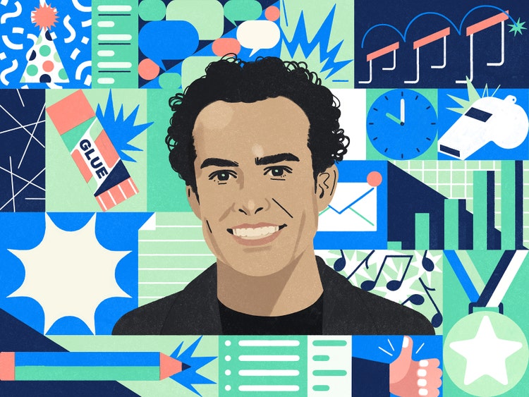 A digital illustration of a white man with short, curly, dark hair and a big smile wearing a black T-shirt. He's against a gridded backdrop of objects (a party hat, speech bubbles, musical notes, a whistle, a clock, a gluestick, a pencil, a medal, an envelope) drawn in mint green, navy blue, tangerine, and sky blue.