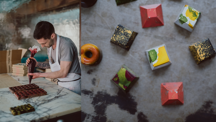 Two photographs: On the left, a man wearing an apron, standing at a marble-topped counter filling truffle molds using a pastry bag and on the right, eight assorted truffles on a marble counter.