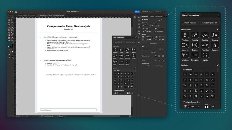 A screenshot of Adobe InDesign with a document titled "Comprehensive Exam: Real Analysis," containing mathematical expressions and problems. There's a Math Expressions panel open on the right side of the screen, displaying various mathematical symbols and operators.