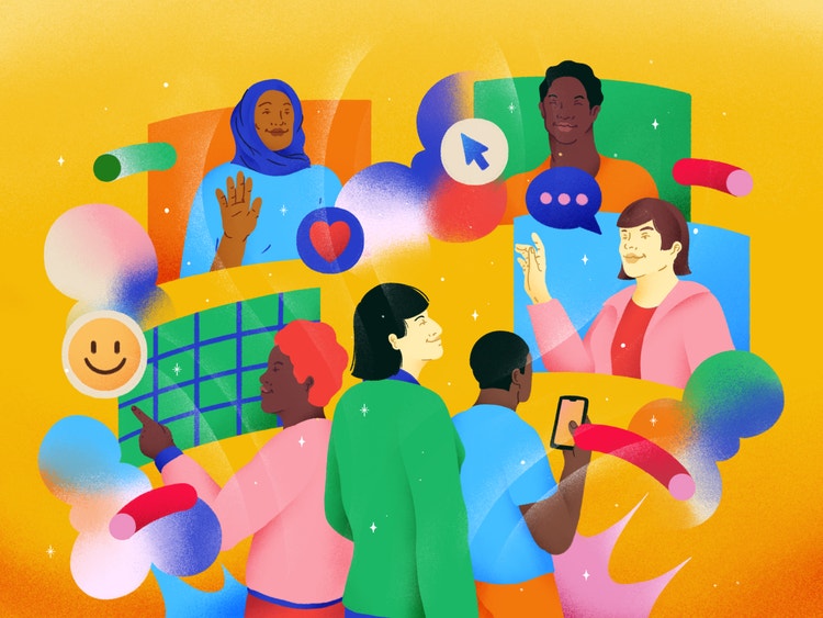 A digital illustration of six people actively involved in a common workplace vignette: collaboration and conversation remotely with three people on video screens, a fourth on a mobile device, and two others in-person. It's a vibrant, simplified illustration on a yellow-to-orange gradient background with colorful connectors and emojis between the people talking.