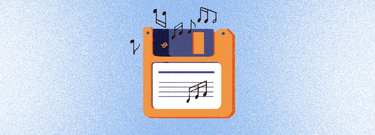 An illustration of an orange floppy disk with a dark blue metal strip at the top and a white label on the front. The white label has horizontal lines and a musical note printed on it, while additional black musical notes float upward from the disk, suggesting stored music or sound. The background is a textured light blue gradient.