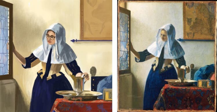 Two images side by side: On the left a digital painting of an Asian woman with glasses wearing a head covering standing in a bedroom, using one hand to open a window and the other to lift a pitcher from a water basin; on the right, the painting from which it was copied. 
