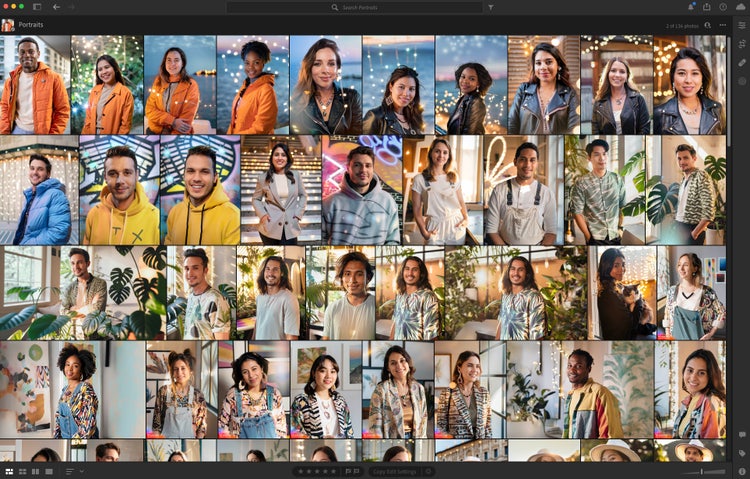 A screenshot of Adobe Lightroom with four rows (of ten images each) of AI-gnerated portraits of woman and men of various ethnicities and styles of dress.