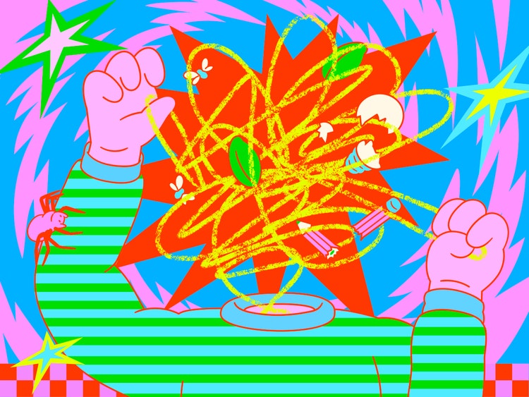 A cartoon-style digital illustration of a headless figure wearing a long-sleeve green and teal striped shirt against a vivid swirling pink and blue background with green, blue, and yellow stars. In place of the person't head is a chaotic burst of red with yellow scribbles, and floating objects (a broken lightbulb, a broken pencil, leaves, flies, and a spider).