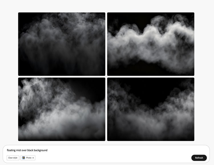 A screenshot of Adobe Firefly with four AI-generated black-and-white photographs of clouds against a black sky.