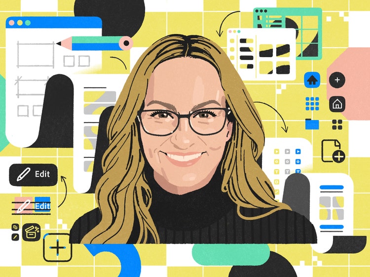 An illustration of a white woman with long dark blonde hair wearing black-frame glasses and a black turtleneck shirt. On the ochre background, with a grid formed by white lines, are pattern templates for buttons, icons, and content containers in blue, pink, green, black, and white.