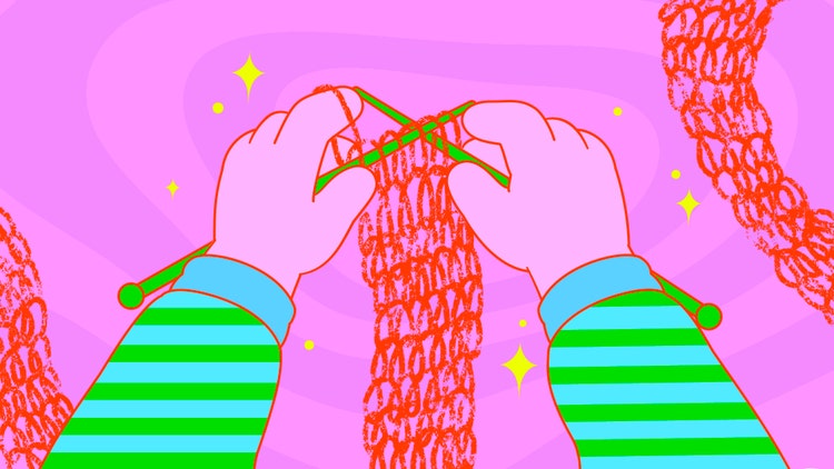 A cartoon-style digital illustration on a background of concentric waves of purple and pink with yellow diamonds. Two hands, with the arms covered in a long-sleeve green and teal striped shirt, holding knitting needles and knitting a scarf with orange yarn, reach in from the bottom edge of the illustration.