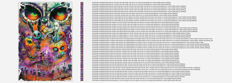 A screenshot divided into two columns. On the left is the completed Halloween poster comprised of 44 AI-generated illustrations. On the righ is tiny thumbnail images alongside the prompts that geenrated them.