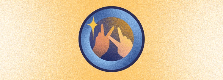An illustration of two hands each doing the peace sign gesture inside a circular blue badge on a textured golden-yellow background. The hands are shaded in warm tones of orange and pink inside a gradient ring that transitions from dark blue to lighter blue with a bright yellow sunburst inside it.