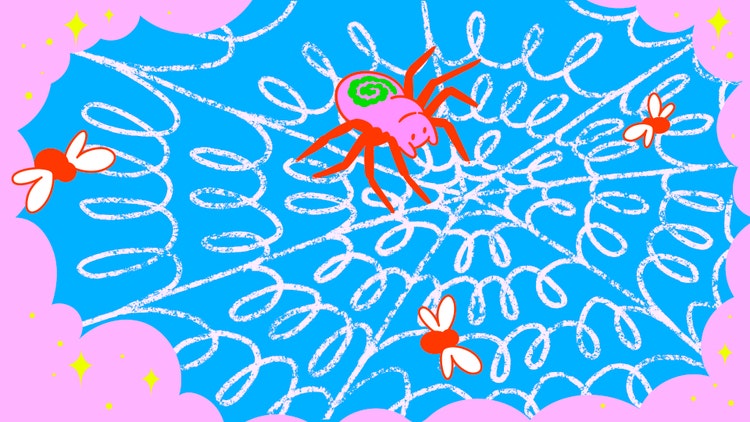 A cartoon-style digital illustration of a white spider's web on a blue and pink background with scattered yellow diamonds. At the center of the web is a spider with a pink body, red legs, and a swirl of green on its back.